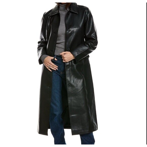 Rebecca Minkoff Mod Trench Coat Long Belted Faux Leather Jacket Size L Lined - Picture 1 of 13